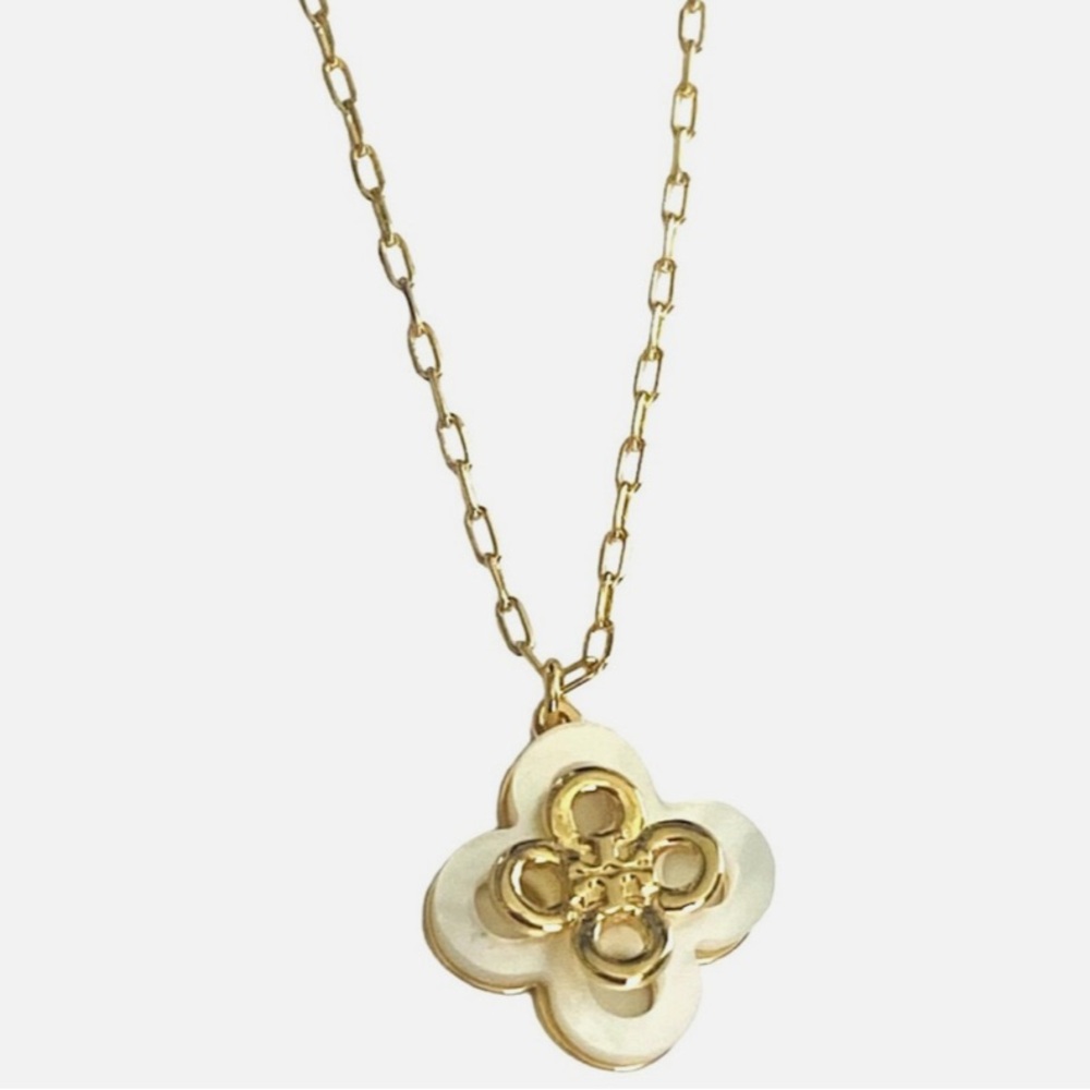 New Auth Tory Burch Gold Mother of Pearl Kira Clover Flower Pendant Necklace